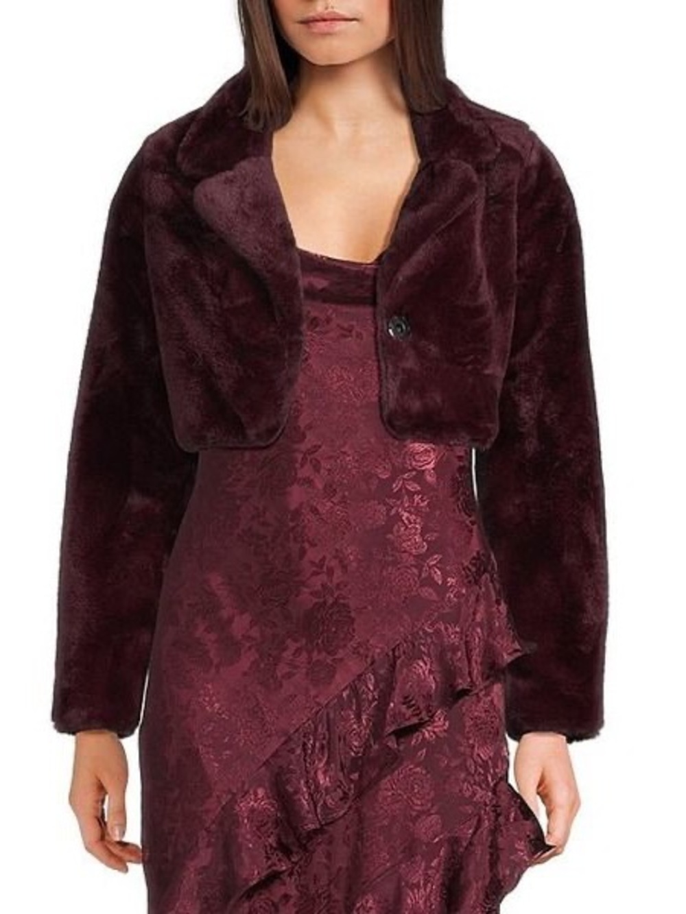 I.N. San Francisco Cropped Faux Fur Jacket in Wine